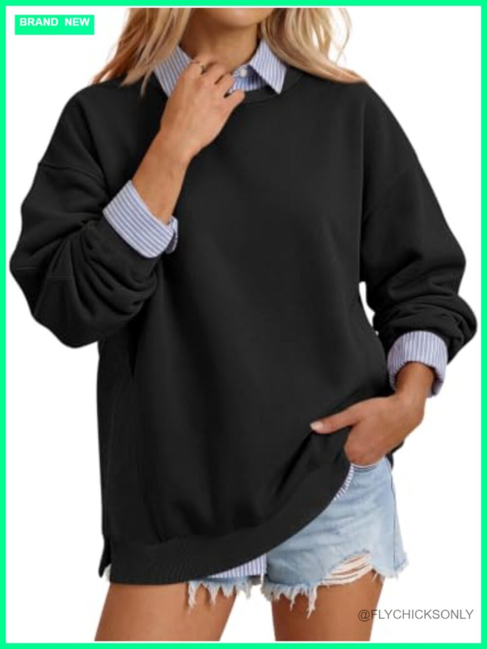 Oversized Crewneck Sweatshirt Textured Ribbed Pullover Side Slit Long Sleeve